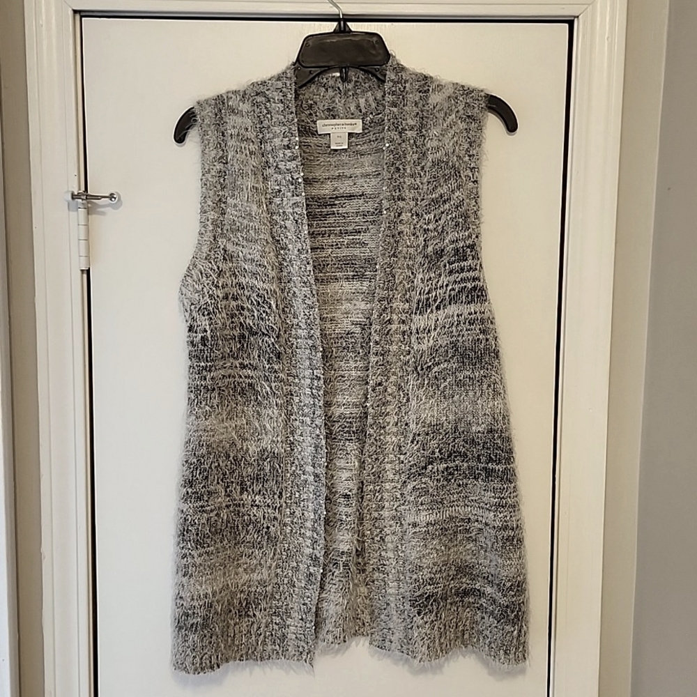 🍁Christopher and Banks White and Grey Fuzzy Open Front Sleeveless Sweater - Picture 3 of 6